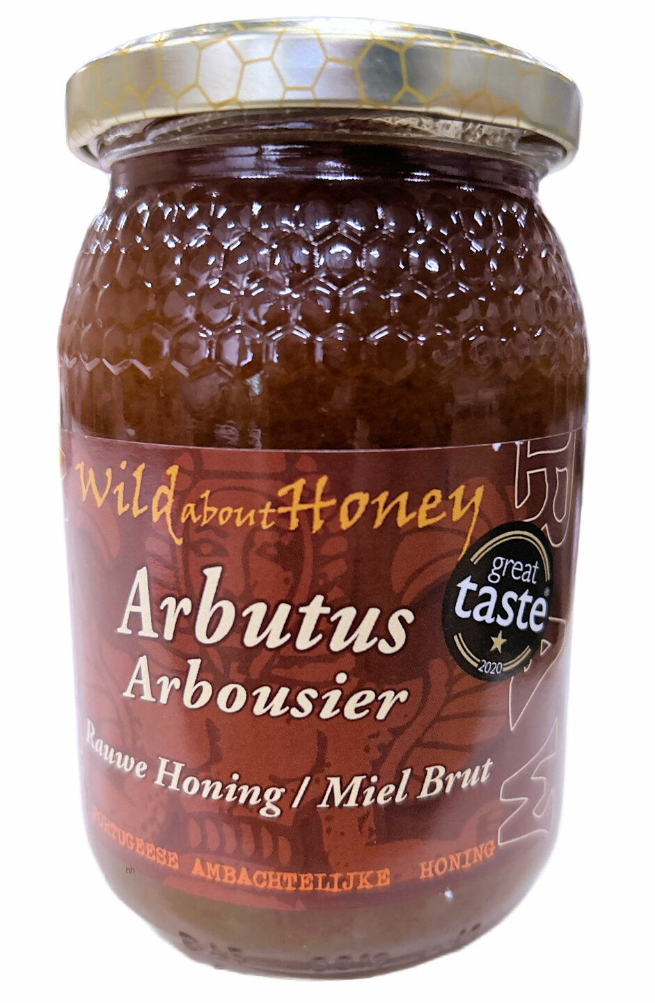 Pot Wild About Honey Arbutus Rauwe Honing 500 gram met karakteristieke bitterzoete smaak. Premium rauwe mediterrane honing, nat