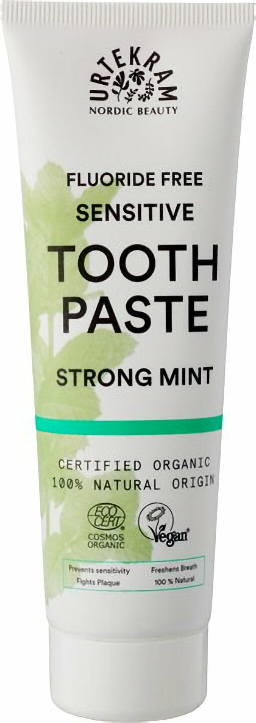 Urtekram Strong Mint Tandpasta verzorgt gevoelige tanden en geeft langdurige frisheid.