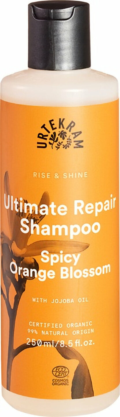 Urtekram Spicy Orange Blossom Shampoo voedt droog, beschadigd haar met jojobaolie.
