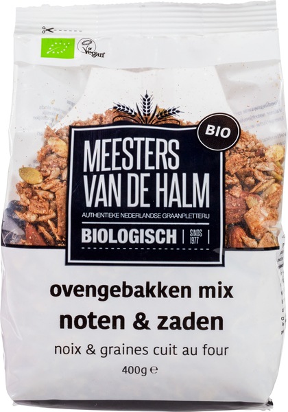 De Halm ovengebakken noten en zaden bio 400 gram verpakking