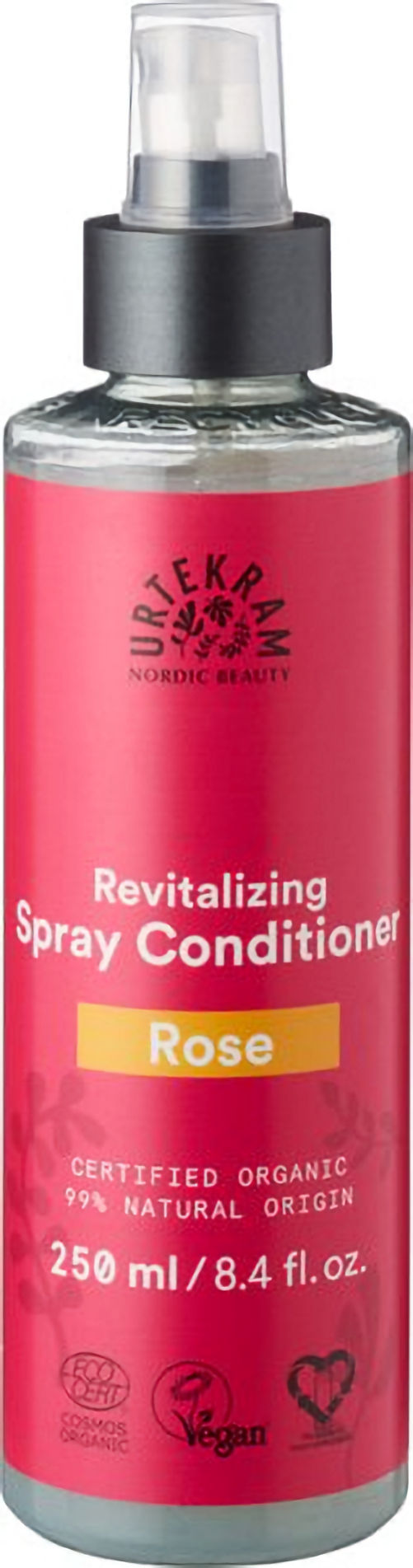 Urtekram Rozen Spray Conditioner hydrateert, ontwart en verzacht zonder uitspoelen.