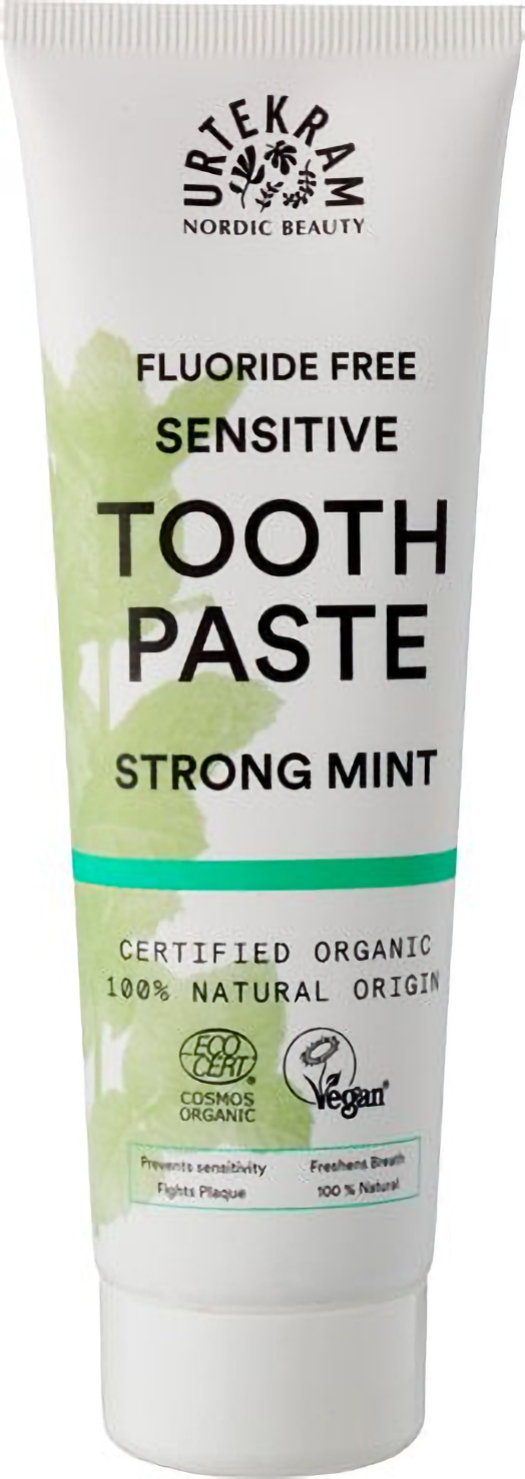 Urtekram Strong Mint Tandpasta verzorgt gevoelige tanden en geeft langdurige frisheid.