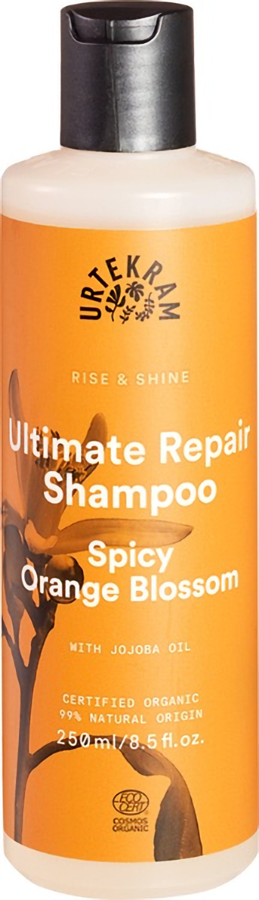 Urtekram Spicy Orange Blossom Shampoo voedt droog, beschadigd haar met jojobaolie.