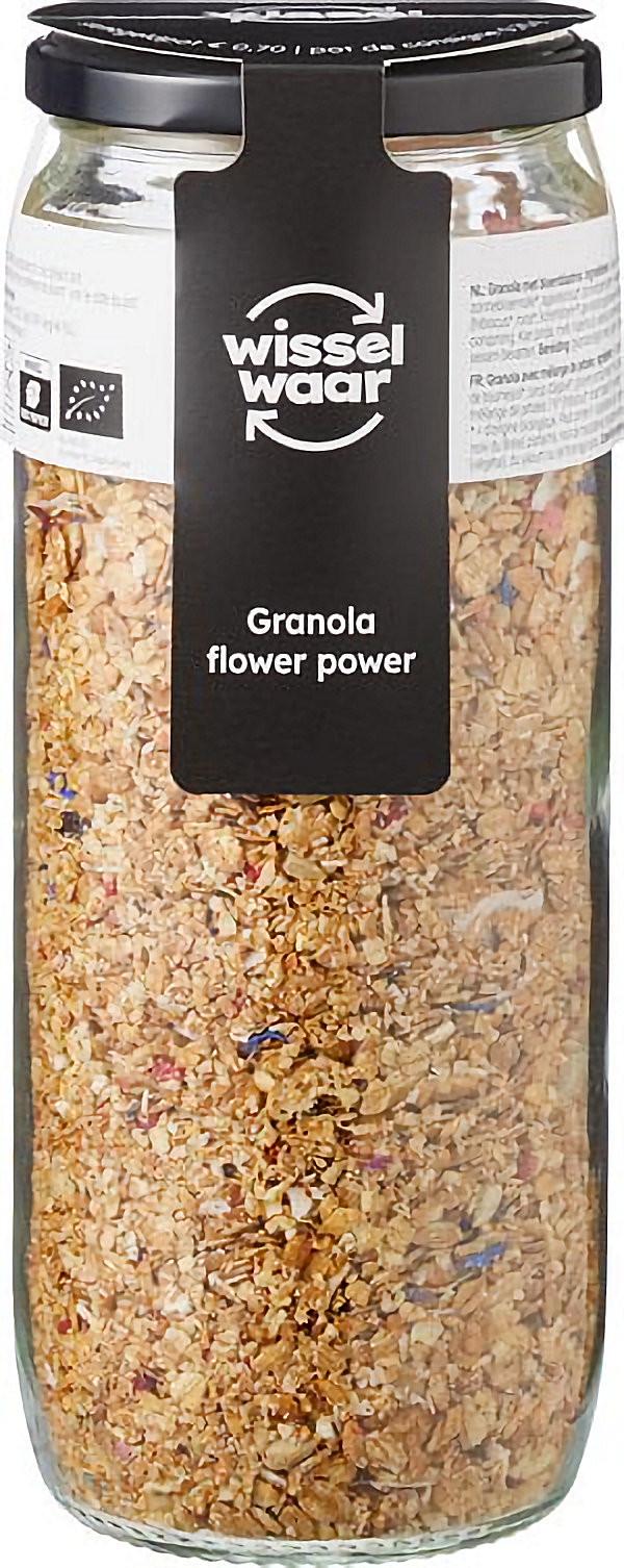 Wisselwaar Biologische Granola Flower Power 450 gram met bloembladen en rood fruit