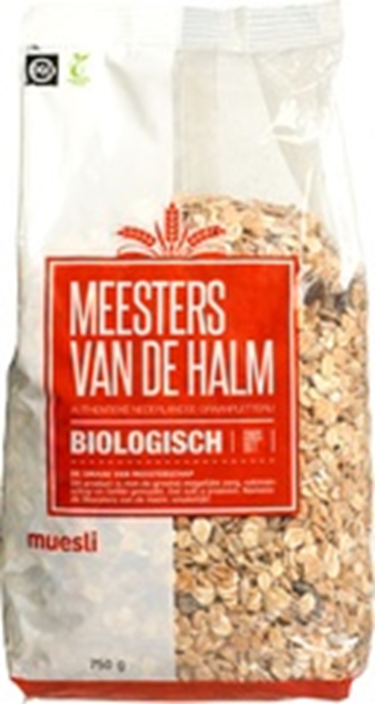 De Halm Muesli Bio met vier granen, rozijnen en zonnebloempitten