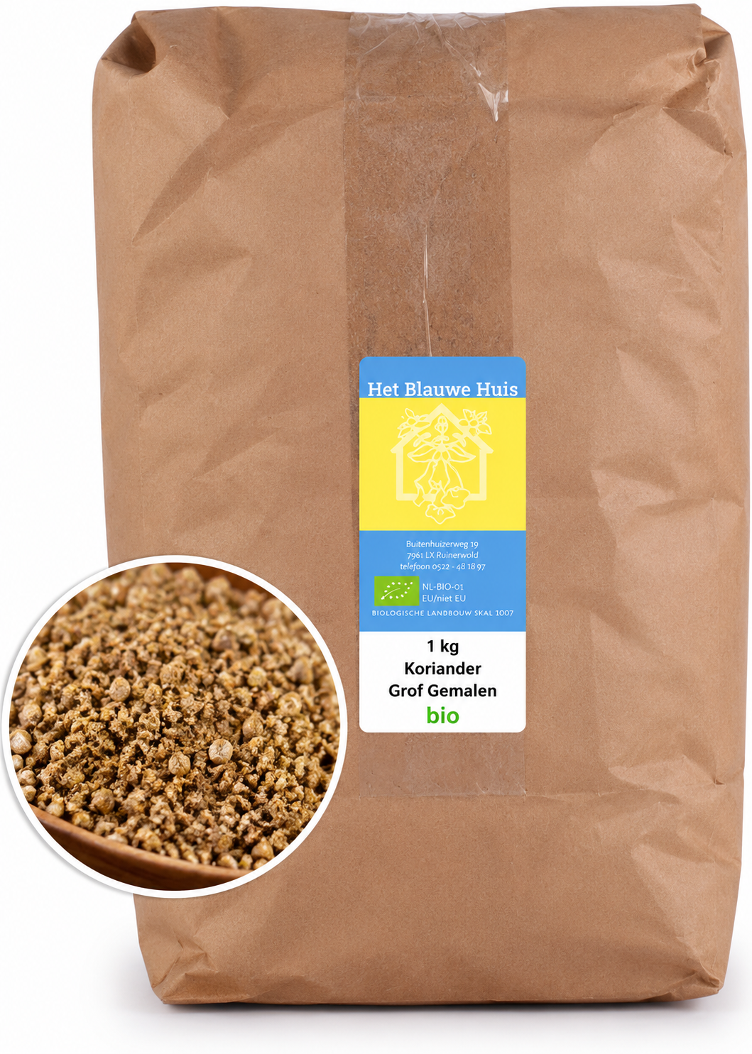 Het Blauwe Huis biologische koriander grof gemalen 1 kg grootverpakking